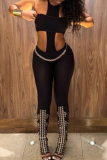 Sexy Solid Color Hollow Out O Neck Sleeveless Two Pieces