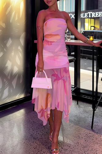 Sexy Print Patchwork Strapless Irregular Dresses