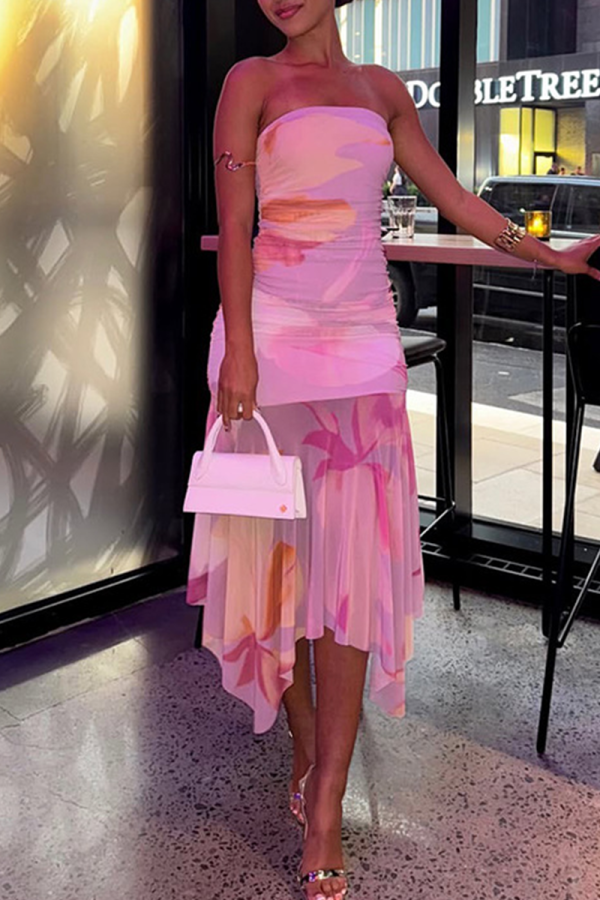 Sexy Print Patchwork Strapless Irregular Dresses