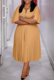 Elegant Solid Color Zipper Pleated V Neck Long Plus Size Dresses