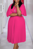 Elegant Solid Color Zipper Pleated V Neck Long Plus Size Dresses