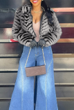 Elegant Stripe Zipper Turndown Collar Outerwear