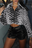 Elegant Stripe Zipper Turndown Collar Outerwear