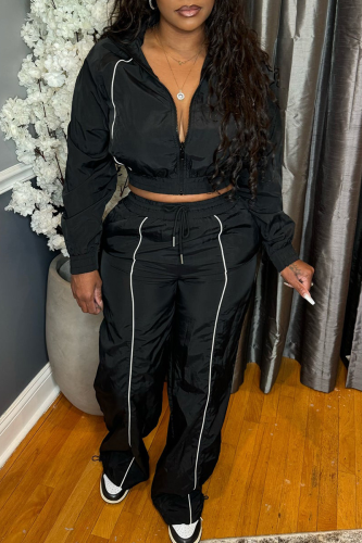 Casual Solid Color Zipper Turndown Collar Long Sleeve Two Pieces