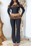 Casual Leopard Print Off Shoulder Long Sleeve Two Pieces