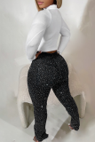 Casual Solid Color Ripped Hot Drill Mid Waist Skinny Denim Jeans