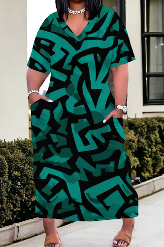 Casual Print Pocket V Neck Long Plus Size Dresses