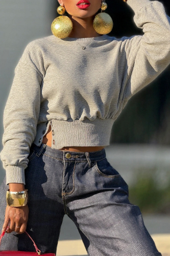 Casual Solid Color Buttons O Neck Tops