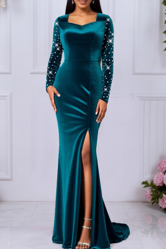 Elegant Solid Color Slit Beading Square Neck Evening Dresses