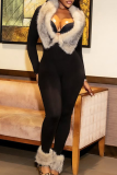 Casual Solid Color Fluffy V Neck Skinny Jumpsuits