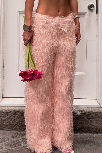 Casual Solid Color Fluffy Straight Mid Waist Conventional Patchwork Bottoms