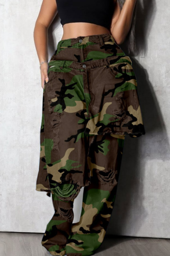 Casual Camouflage Print Irregular Loose Full Print Bottoms