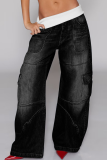 Casual Solid Color Distressed Loose Denim Jeans