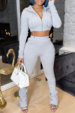 Casual Solid Color Zipper Hooded Long Sleeve Two Pieces