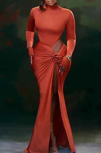 Sexy Solid Color High Slit Turtleneck Long Dresses