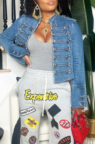 Casual Solid Color Buttons Cardigan Collar Long Sleeve Straight Denim Jacket