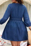 Casual Solid Color Buckle V Neck Denim Plus Size Dresses