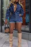Casual Solid Color Pocket Buckle Turndown Collar Long Sleeve Regular Denim Jumpsuits