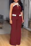 Sexy Patchwork Backless Contrast V Neck Bodycon Jumpsuits