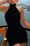 Sexy Solid Color Cross Straps O Neck Wrapped Skirt Dresses