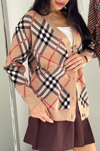 Casual Daily Plaid Buckle Cardigan Collar Outerwear
