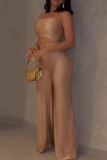 Sexy Solid Color Metal Accessories Trim Strapless Regular Jumpsuits