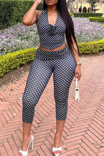 Sexy Polka Dot Backless Halter Sleeveless Two Pieces