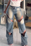 Sexy Solid Color Hollow Out Distressed Mid Waist Loose Denim Jeans