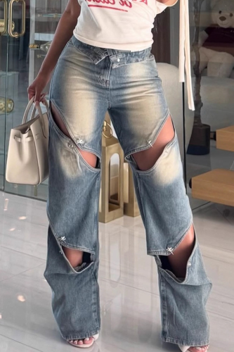 Sexy Solid Color Hollow Out Distressed Mid Waist Loose Denim Jeans