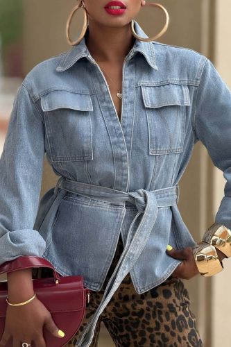 Casual Solid Color Pocket Strap Design Turndown Collar Long Sleeve Regular Denim Jacket
