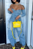 Sexy Solid Color Buckle Off Shoulder Regular Jumpsuits