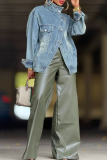 Casual Solid Color Buckle Mandarin Collar Long Sleeve Loose Denim Jacket