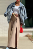 Casual Solid Color Distressed Pocket Turndown Collar Long Sleeve Loose Denim Jacket