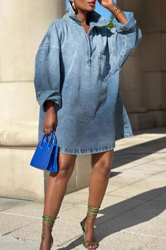 Solid Color Zipper Turndown Collar Long Sleeve Loose Denim Dresses
