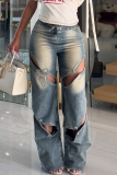 Sexy Solid Color Hollow Out Distressed Mid Waist Loose Denim Jeans