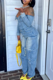 Sexy Solid Color Buckle Off Shoulder Regular Jumpsuits