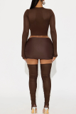 Sexy Solid Color Mesh O Neck Long Sleeve Two Pieces