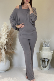 Casual Solid Color Hollow Out Oblique Collar Long Sleeve Two Pieces
