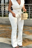 Casual Solid Color Buckle V Neck Sleeveless Two Pieces