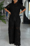 Daily Elegant Solid Color Lace Turndown Collar Short Sleeve Two Pieces