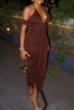 Sexy Solid Color Ruched Spaghetti Strap Long Dresses