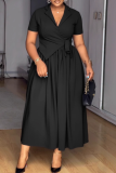 Elegant Solid Color Lace Up Turndown Collar Long Dresses