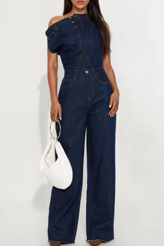 Casual Solid Color Patchwork Off Shoulder Short Sleeve Loose Denim Jumpsuits