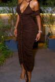 Sexy Solid Color Ruched Spaghetti Strap Long Dresses