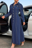 Casual Solid Color Buckle Turndown Collar Long Sleeve Bodycon Denim Dresses