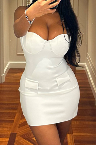 Sexy Solid Color Patchwork Strapless Wrapped Skirt Dresses