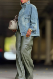 Casual Solid Color Buckle Mandarin Collar Long Sleeve Denim Jacket