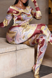 Casual Print Contrast O Neck Skinny Jumpsuits