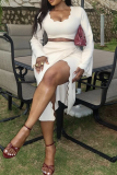 Sexy Solid Color Slit O Neck Long Sleeve Two Pieces