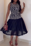 Elegant Print Pleated O Neck Long Dresses